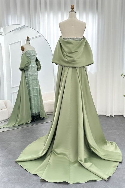 Gorgeous Strapless Glitter Beading Satin Mermaid Evening Gown with Ruffle Chapel Train