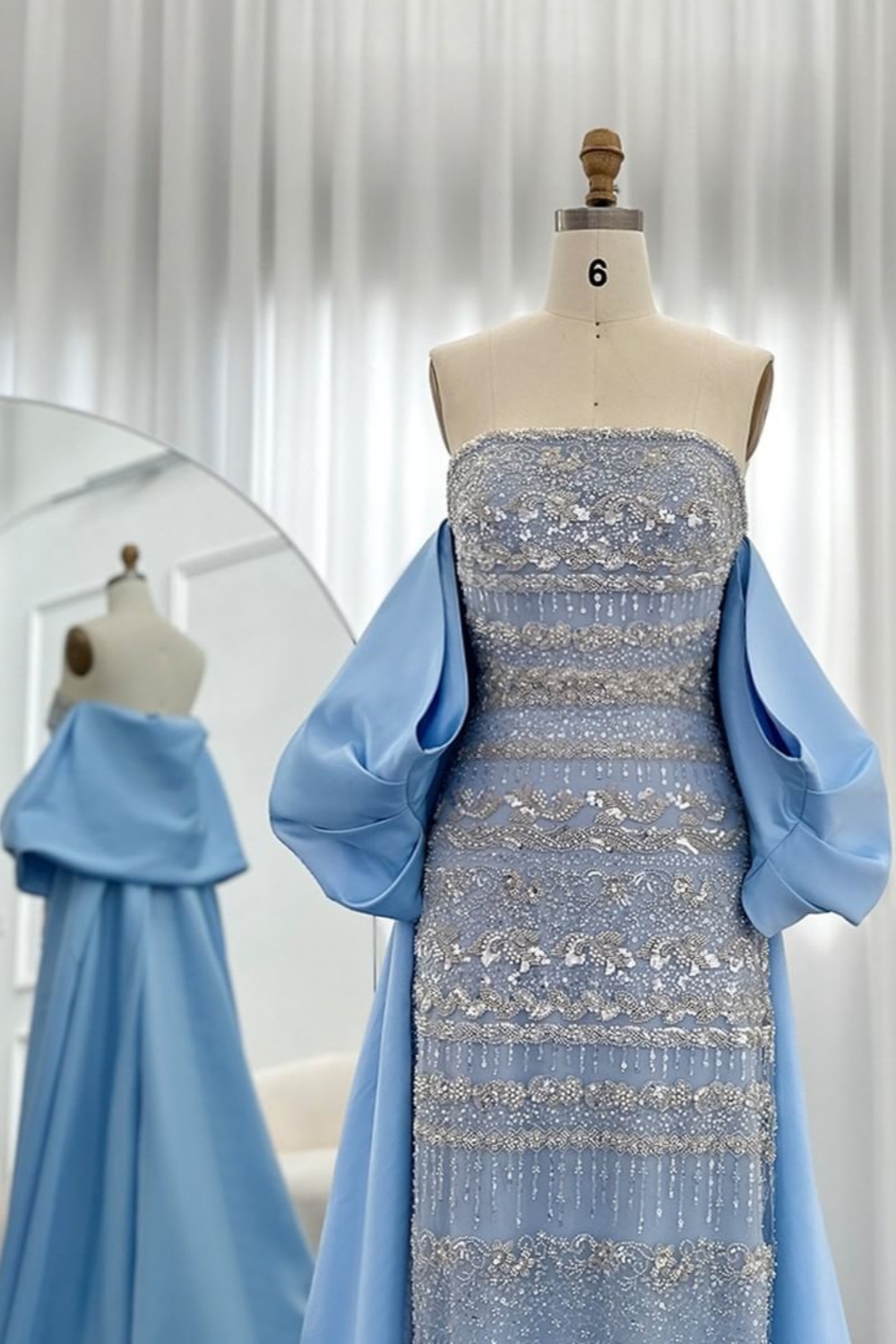 Gorgeous Strapless Glitter Beading Satin Mermaid Evening Gown with Ruffle Chapel Train