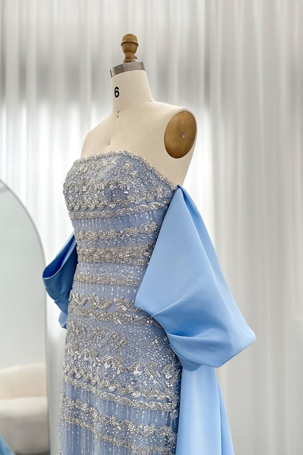 Gorgeous Strapless Glitter Beading Satin Mermaid Evening Gown with Ruffle Chapel Train