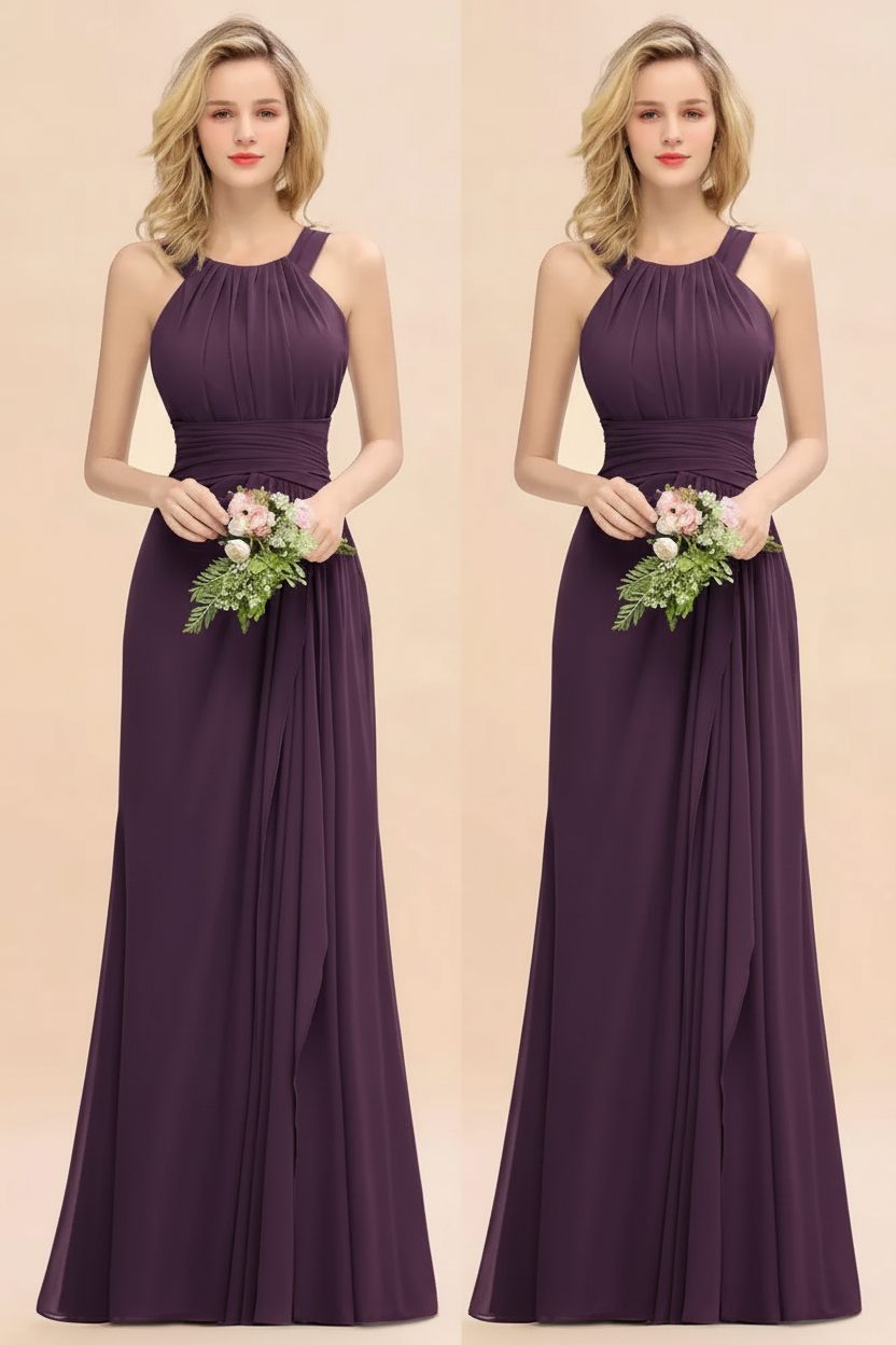 grape halter chiffon floor length bridesmaid dress
