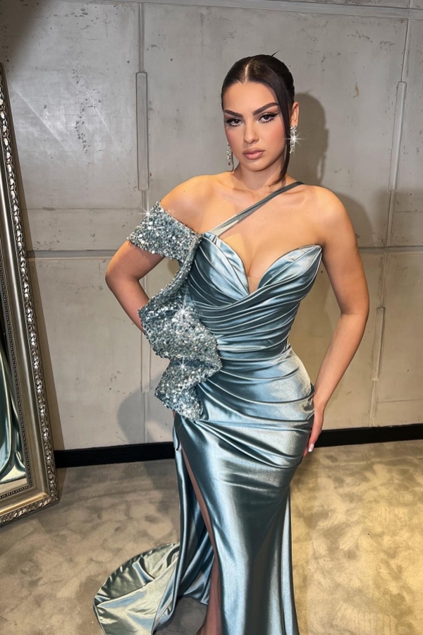 Asymmetric Dusty Blue Mermaid Evening Dress Strapless Shiny Satin Split Prom Dresses