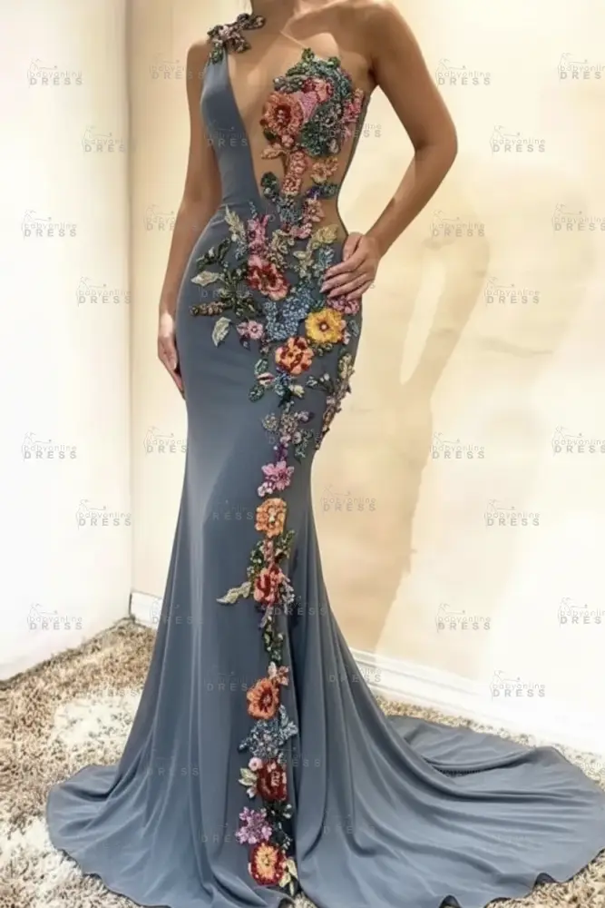 Amazing One-Shoulder Floral Pattern Beadings Floor-Length Mermaid Prom Dress 