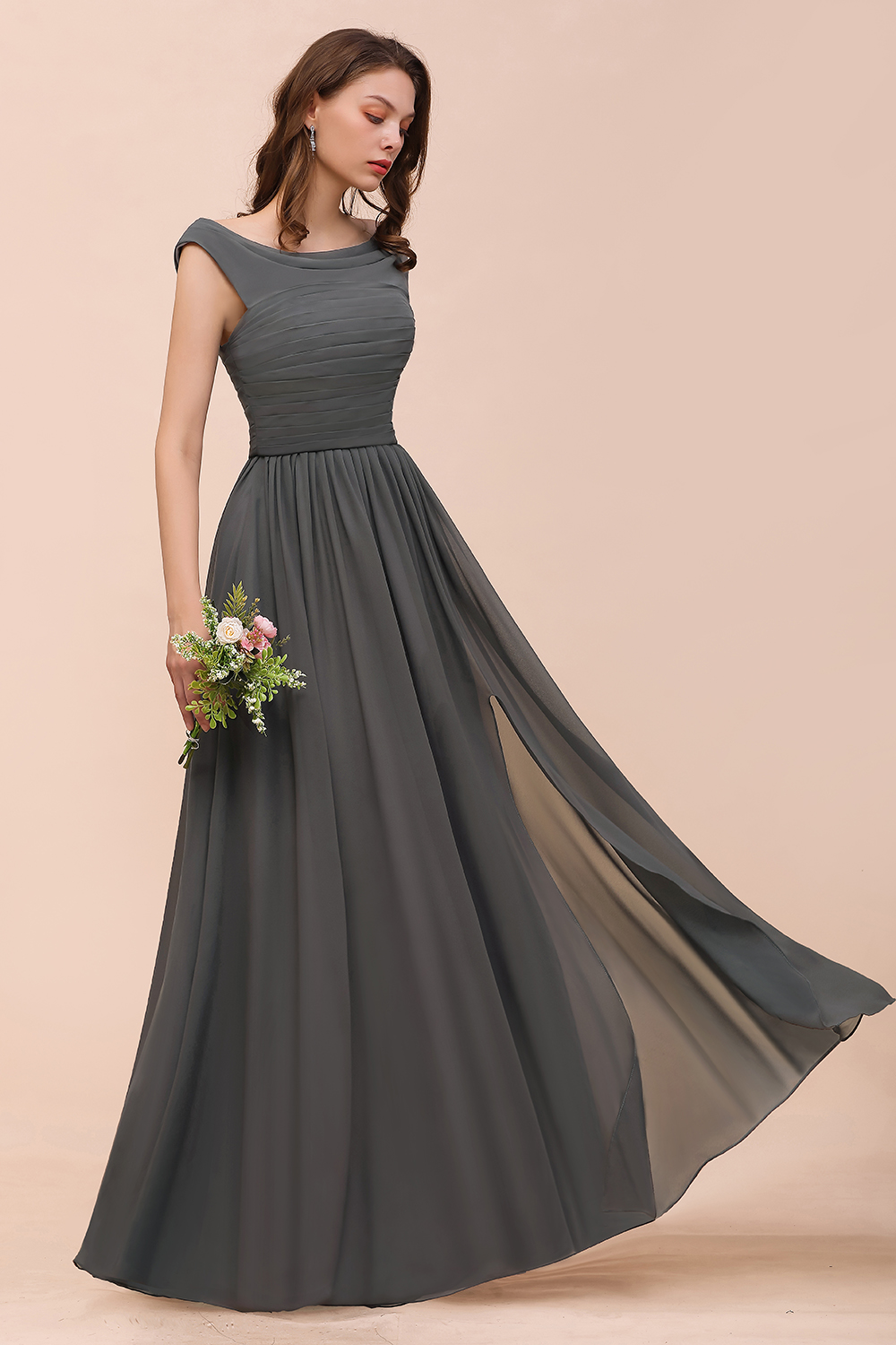 Grey Cap Sleeves 100D Chiffon Long Evening Dress with Side Slit