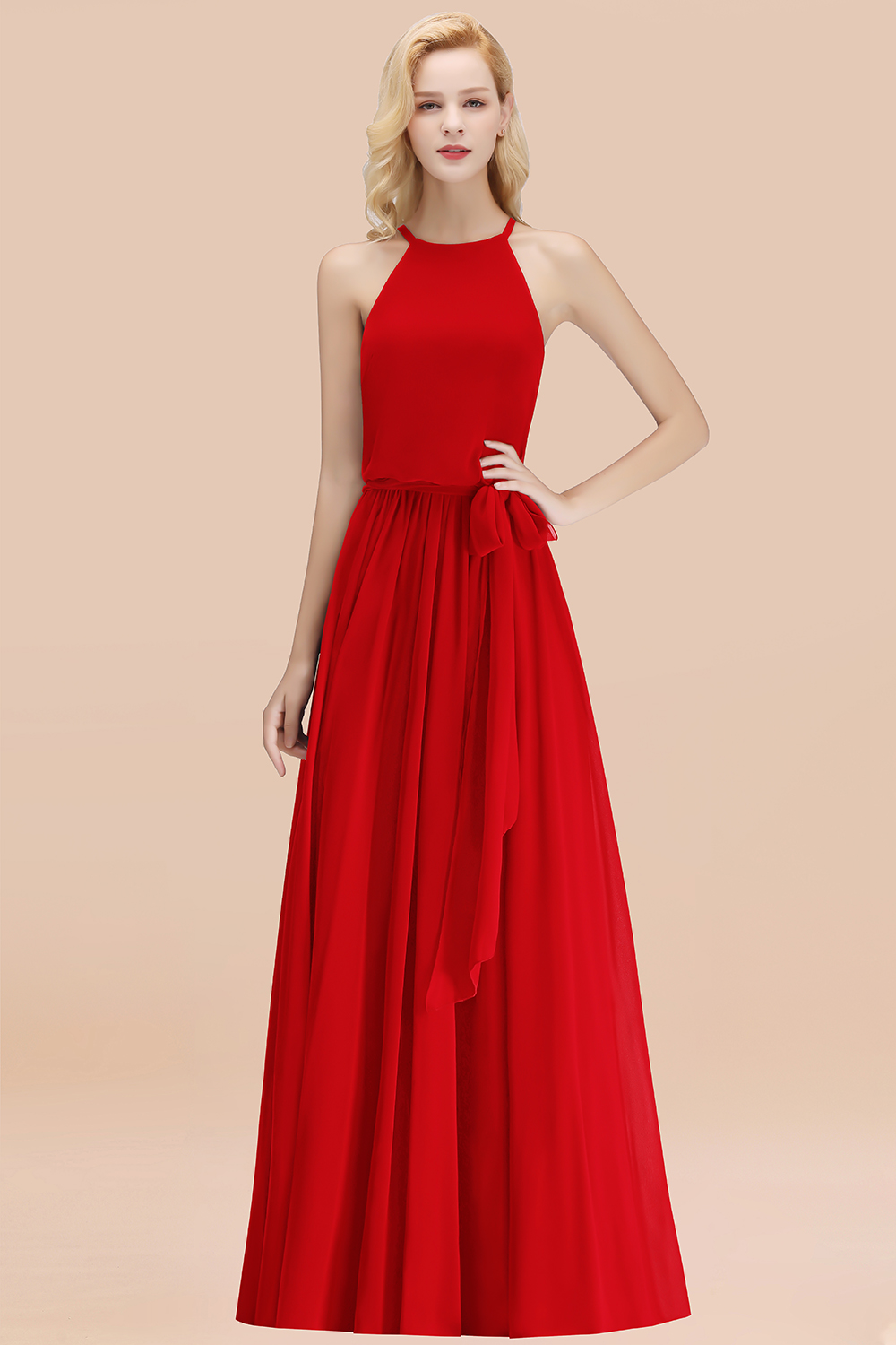 Modest Aline Chiffon Bridesmaid Dress Halter Burgundy Maid of Honor Dress