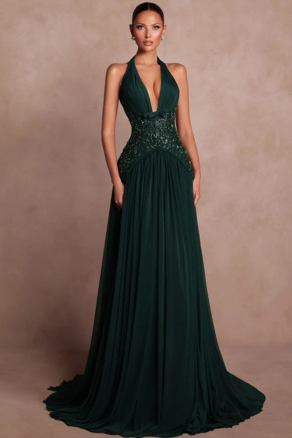 Halter Aline Evening Dress Glitter Chiffon Prom Dress with Sequins