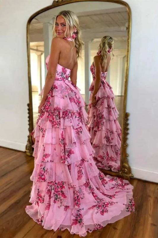 Halter Floral Pink Aline Evening Dress Ruffle Front Split Tulle Formal Dress - Prom Dresses