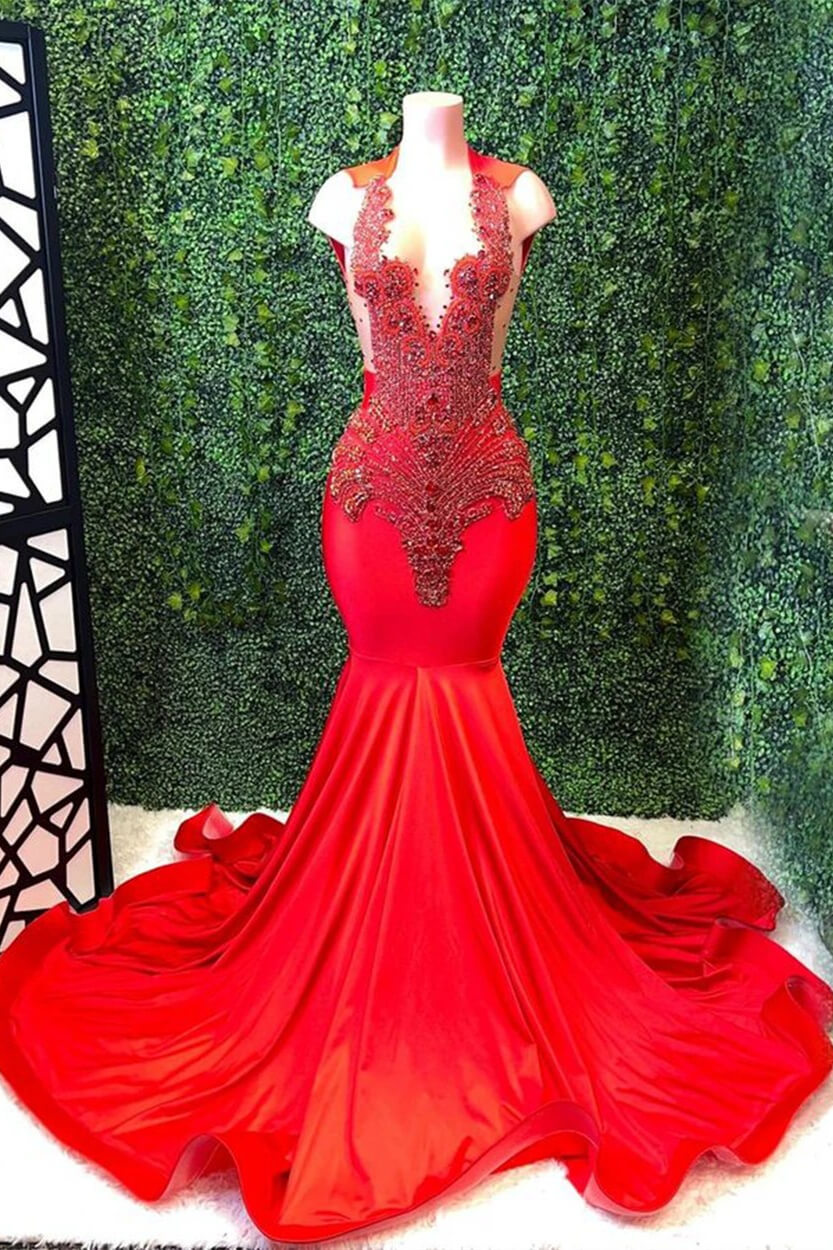 Halter Keyhole V-neck Mermaid Red Beaded Prom Dresses