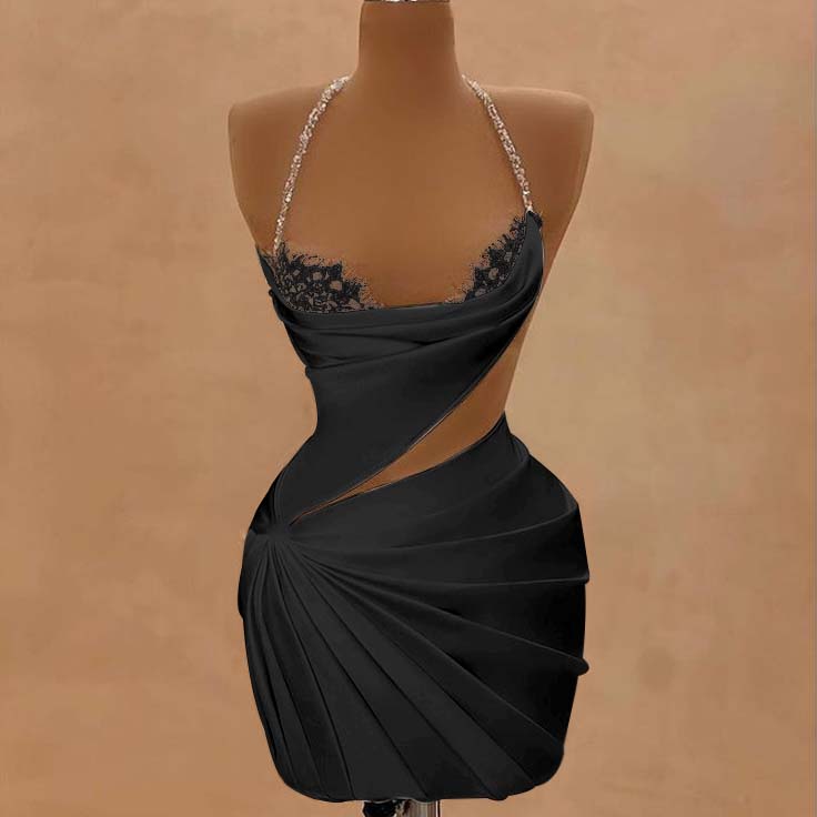 Black Halter Satin Short Homecoming Dress Beadings Sheath Prom Dress with Lace