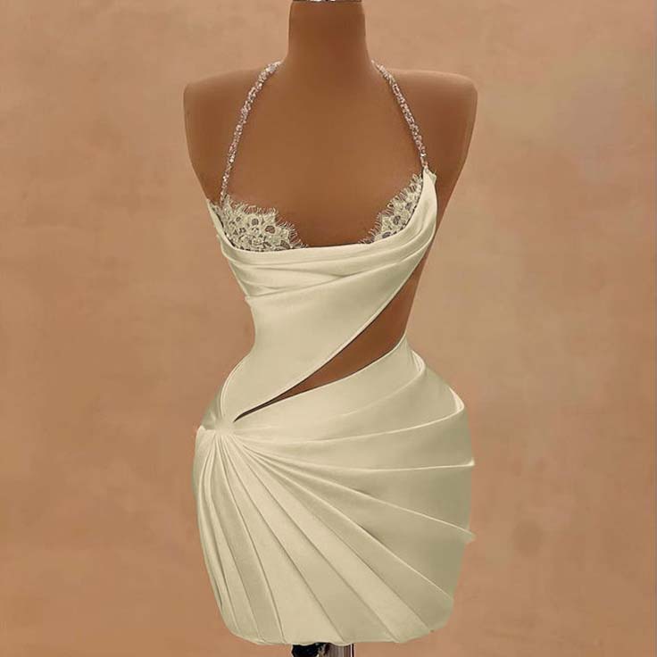 Champagne Halter Satin Short Homecoming Dress Beadings Sheath Prom Dress with Lace