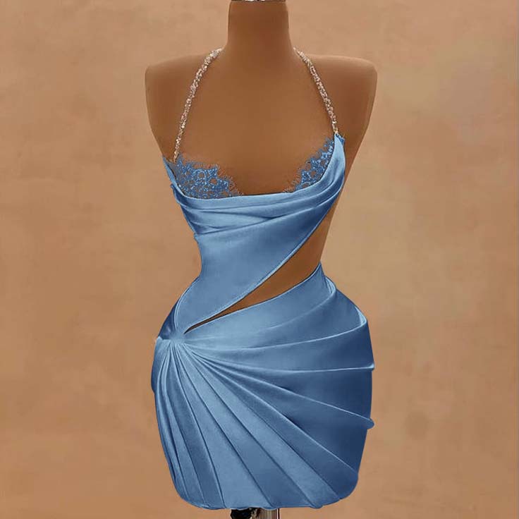 Dusty Blue Halter Satin Short Homecoming Dress Beadings Sheath Prom Dress with Lace