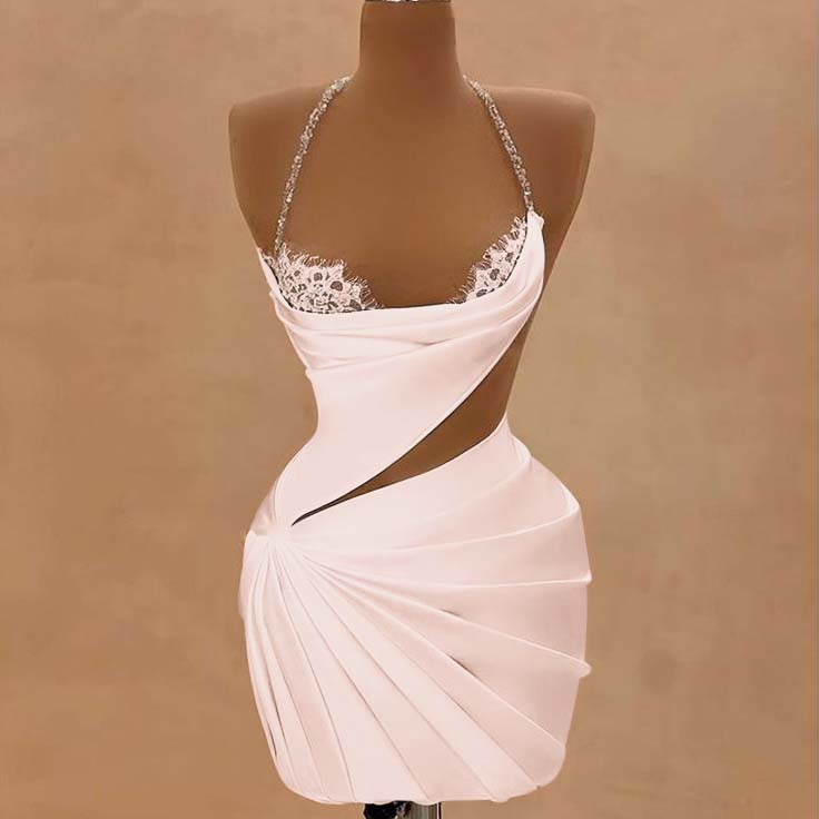Light Pink Halter Satin Short Homecoming Dress Beadings Sheath Prom Dress with Lace