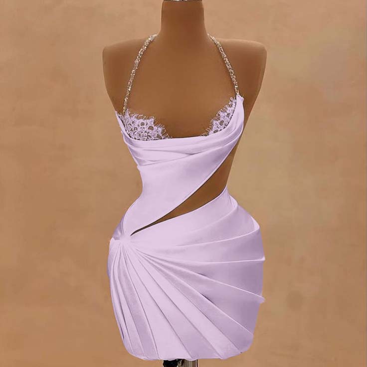 Lilac Halter Satin Short Homecoming Dress Beadings Sheath Prom Dress with Lace