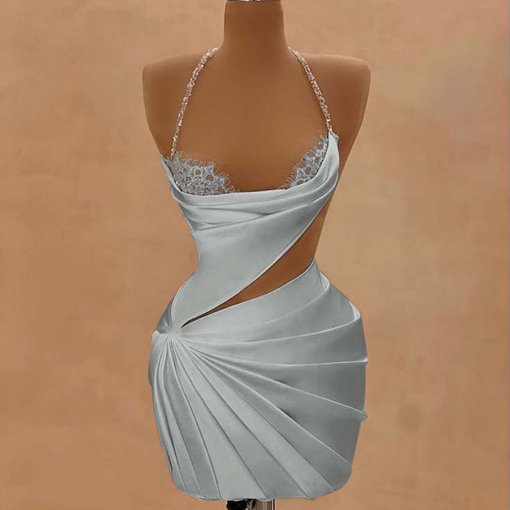 Silver Halter Satin Short Homecoming Dress Beadings Sheath Prom Dress with Lace