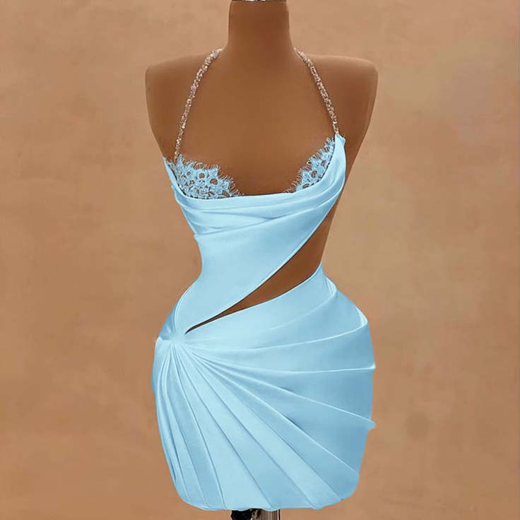 Sky Blue Halter Satin Short Homecoming Dress Beadings Sheath Prom Dress with Lace