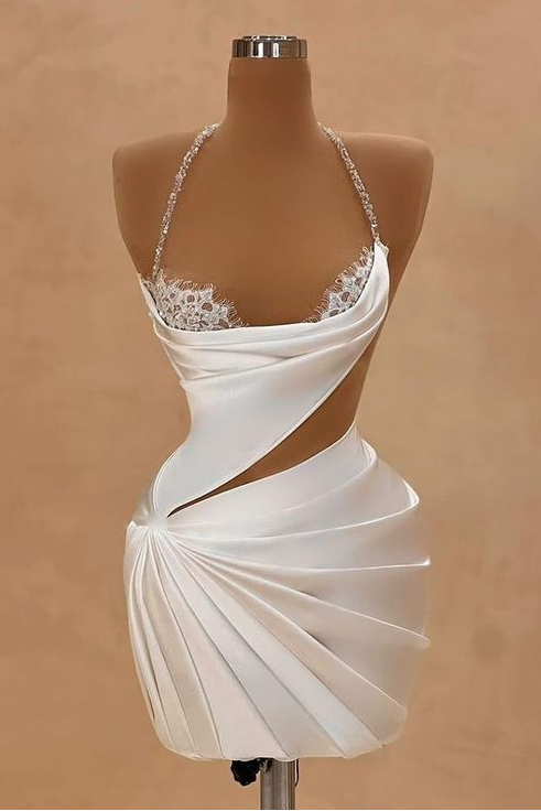 White Halter Satin Short Homecoming Dress Beadings Sheath Prom Dress with Lace