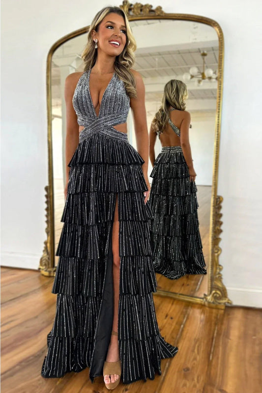 Halter Sequined Aline Prom Dress V-Neck Long Evening Dress with Split