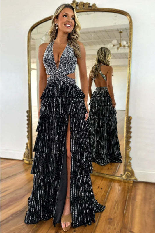 Halter Sequined Aline Prom Dress V-Neck Long Evening Dress with Split