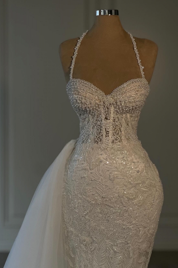 Halter Sweetheart Lace Column White Wedding Dresses