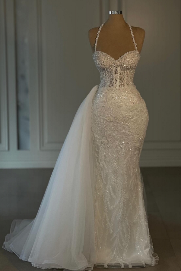 Halter Sweetheart Lace Column White Wedding Dresses