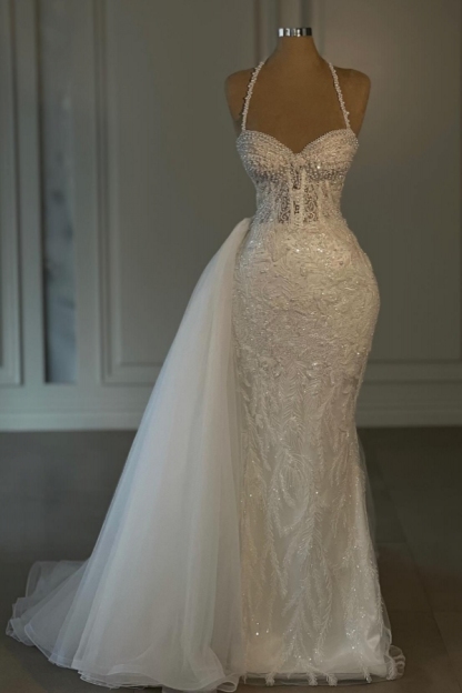 Halter Sweetheart Lace Column White Wedding Dresses