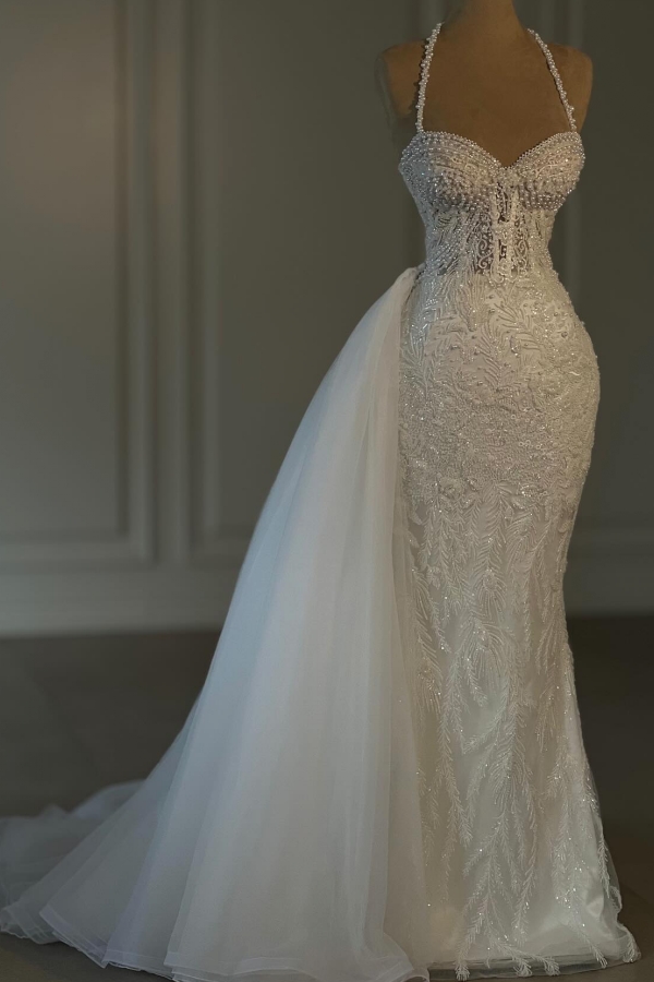 Halter Sweetheart Lace Column White Wedding Dresses