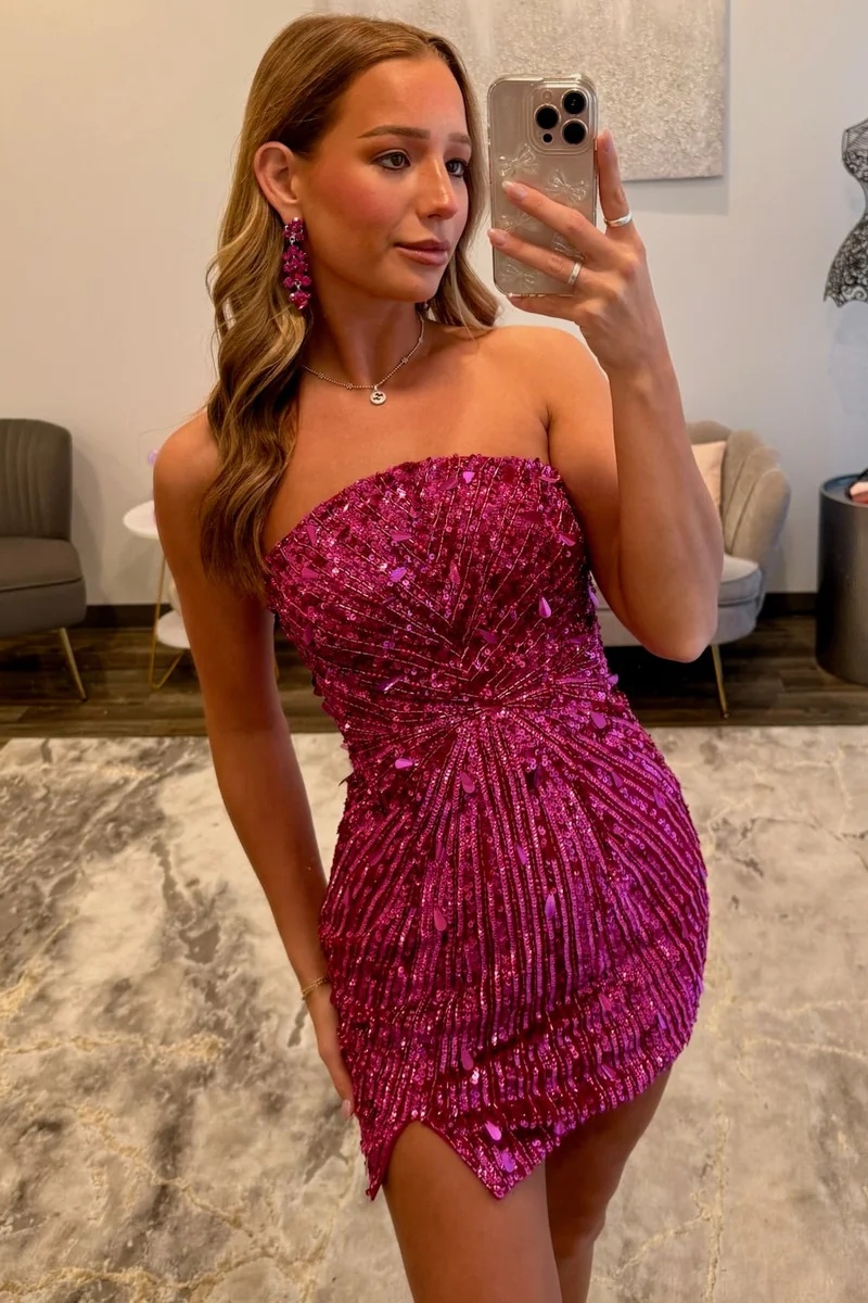 Fuchsia Strapless Sequined Beaded Tight Short Homecoming Dress with Slit