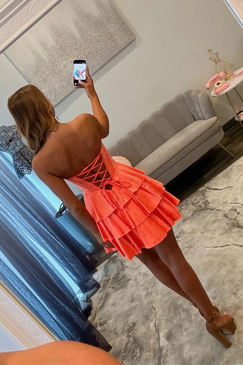 Orange Strapless Beaded Corset Ruffle Tight A-Line Short Homecoming Dress