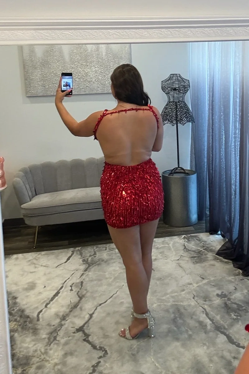 Sparkly V-Neck Straps Sequined Tight Short Homecoming Dress