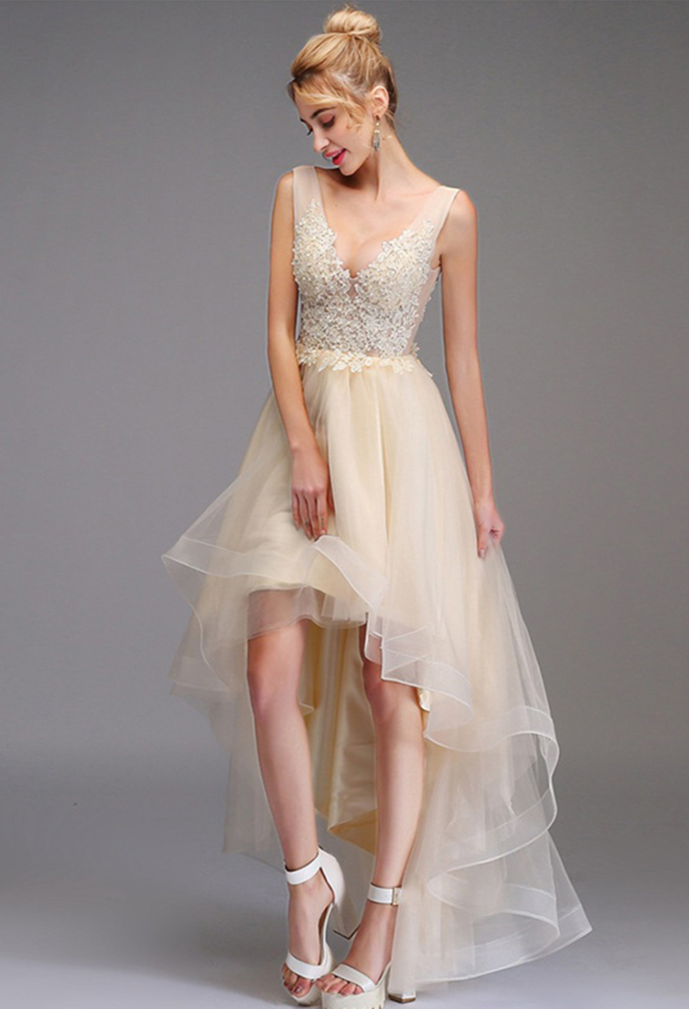 High-low Prom Dress A-line Sleeveless Double V-neck Princess Party Gown Lace Tulle Backless Dress