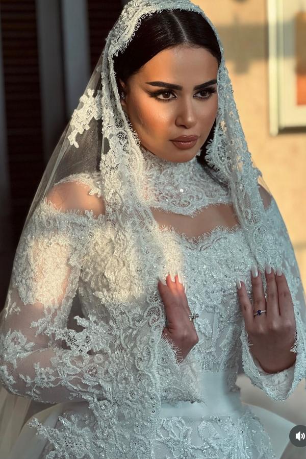 High Neck Column Empire Mermaid Lace  Bridal Gown With Long Sleeves