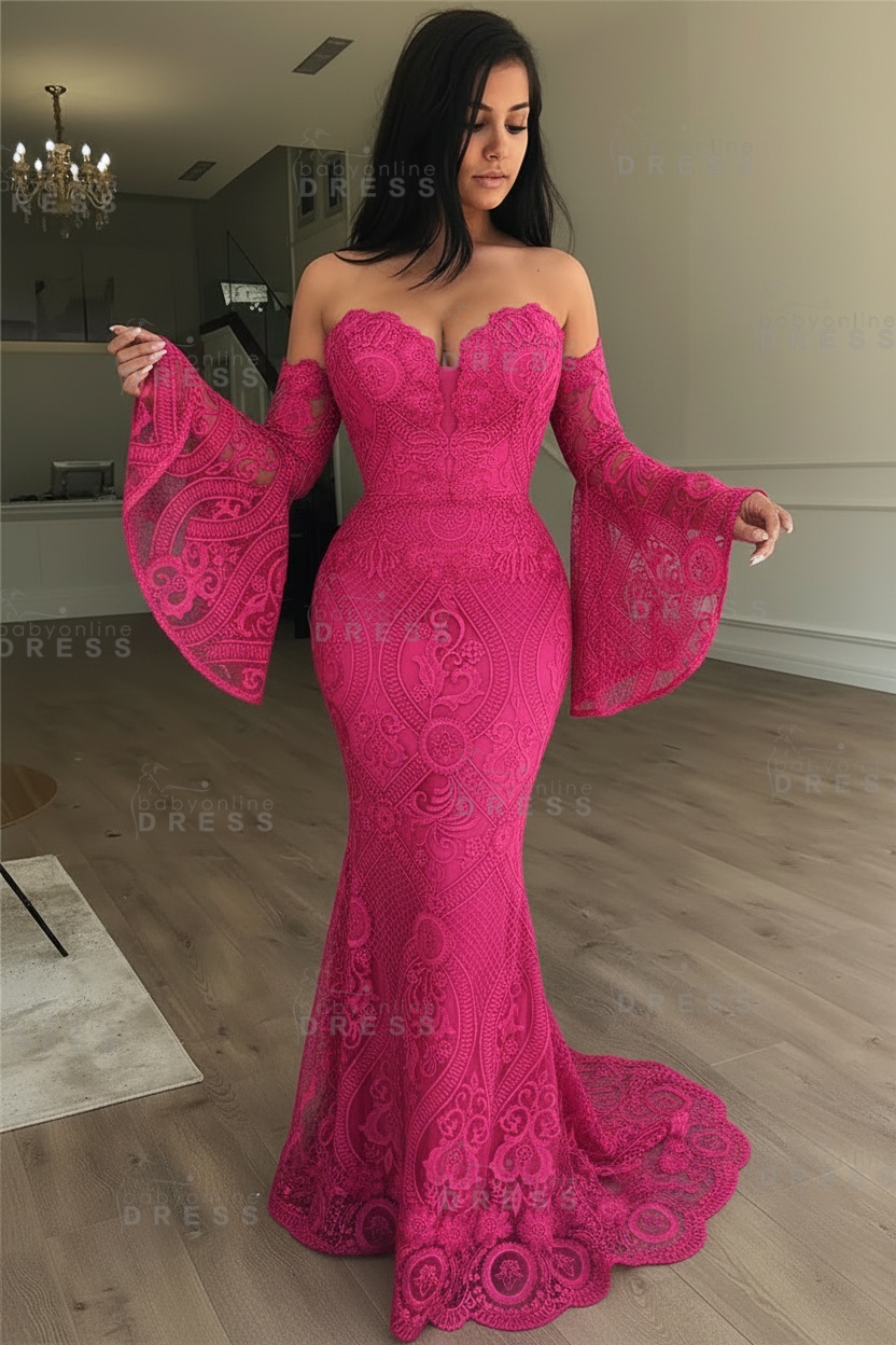 Off-the-Shoulder Long Sleeves Lace Floor-Length Mermaid Evening Dress