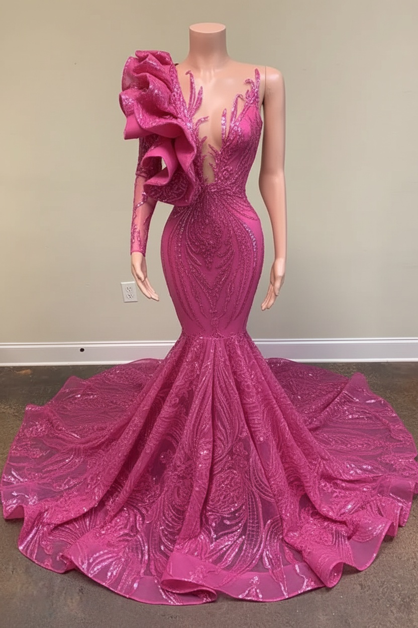 Chic Black Long Sleeve Asymmetrical Floor Length Mermaid Prom Dress