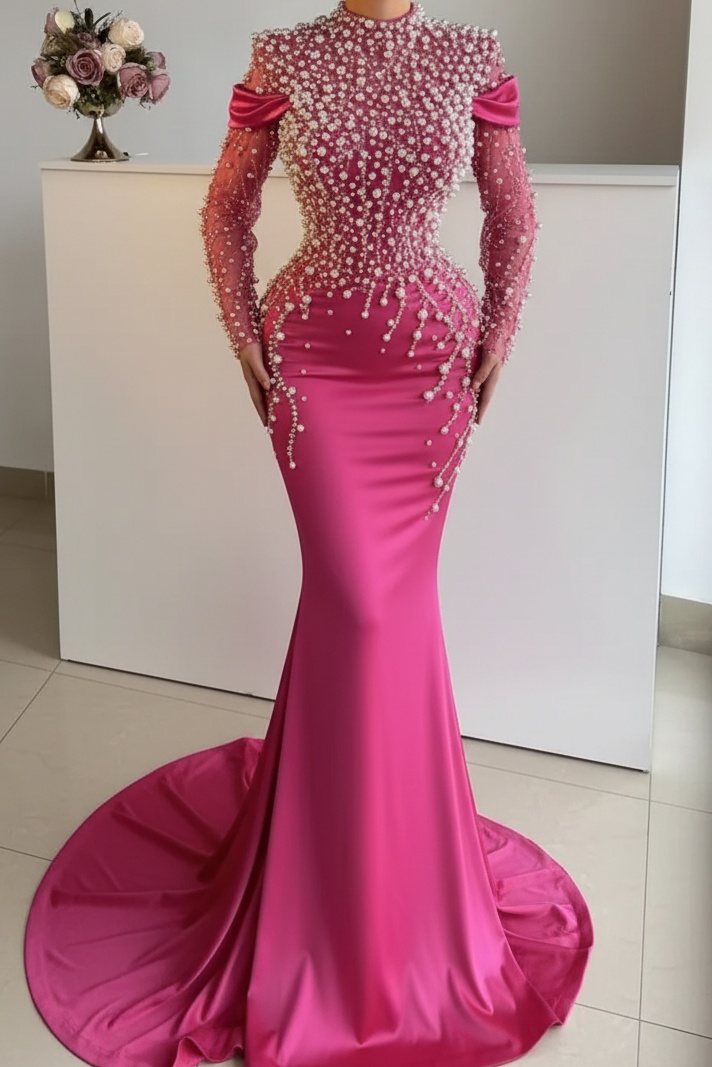 Unique High Neck Beading Long Sleeve Mermaid Prom Dresses