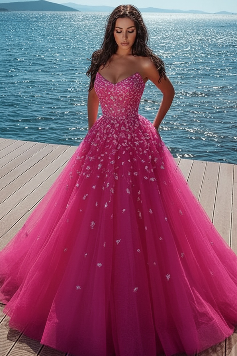 Elegant sky blue Butterfly Strapless Sweetheart Tulle Sparkle Prom Dress