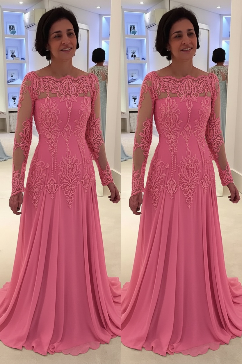 Elegant Floor-Length Lace Long-Sleeves A-line Mother of the Bride Dress 