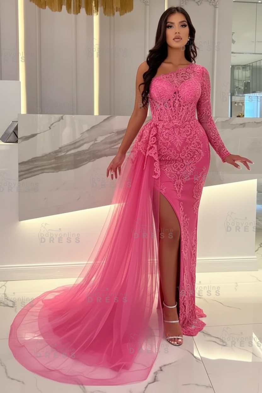 Sexy Sky blue One-shoulder Mermaid Prom Dress Tulle with High split