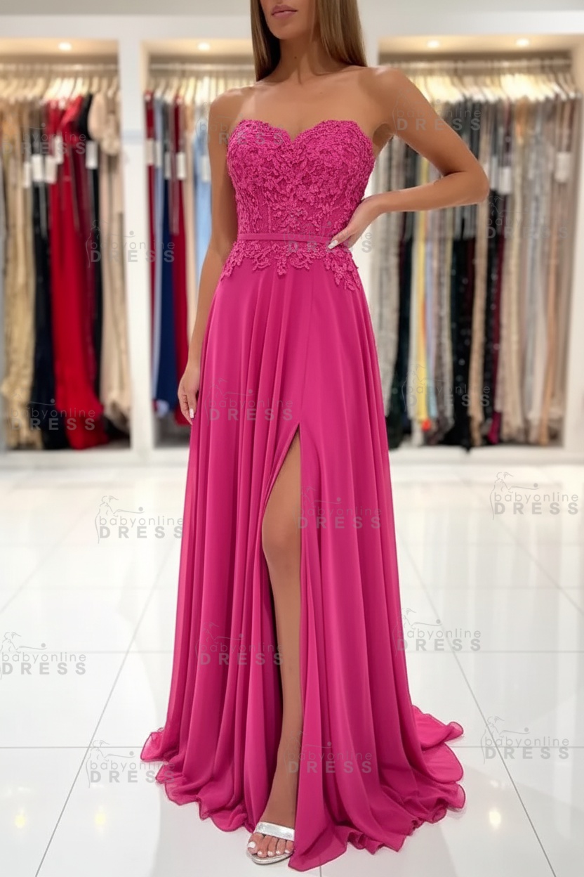 Sweetheart Strapless A-Line Chiffon Floor Length High Split Prom Dress