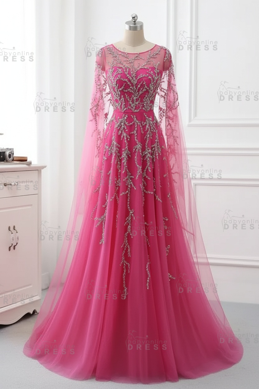 Elegant Jewel Long Sleeves Ruffle Prom Dresses with Beadings Online