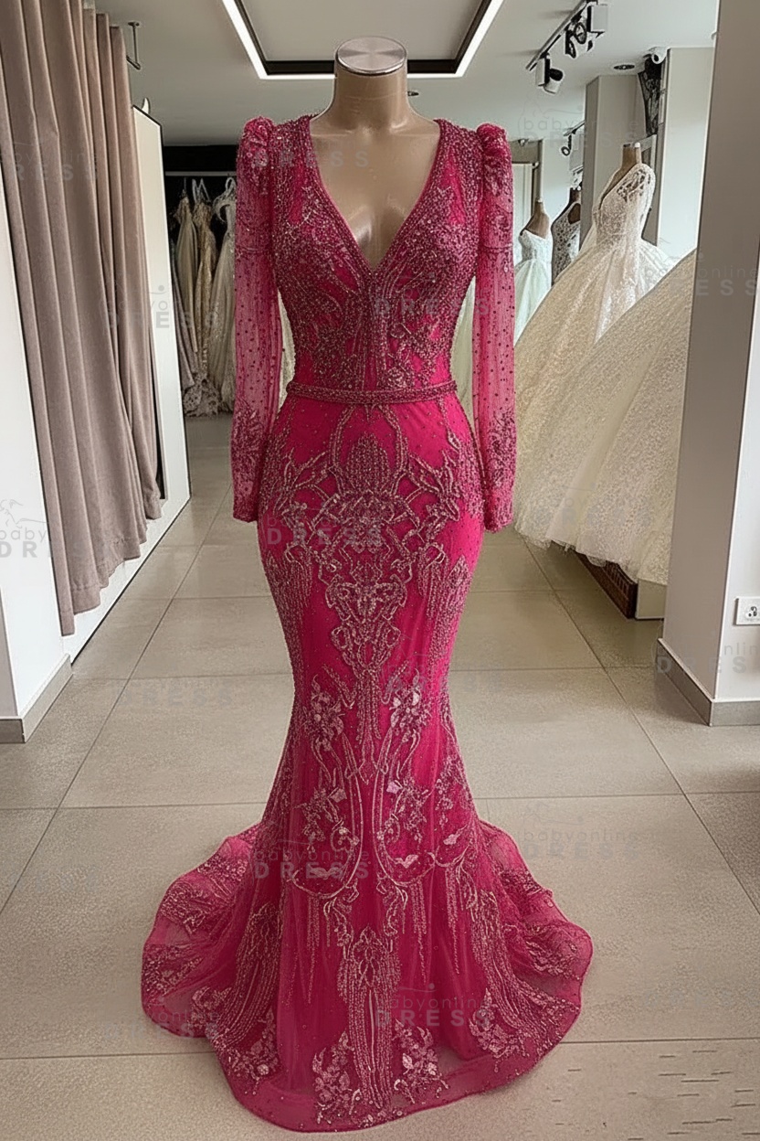 Gorgeous Mermaid Lace Beading V Neck Long Sleeves Prom Dresses | Evening Gowns With Beading Waistband