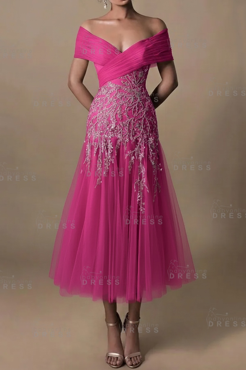 Champagne V-Neck A-Line Tea Length Prom Dress Tulle Mother of the Bride Dress