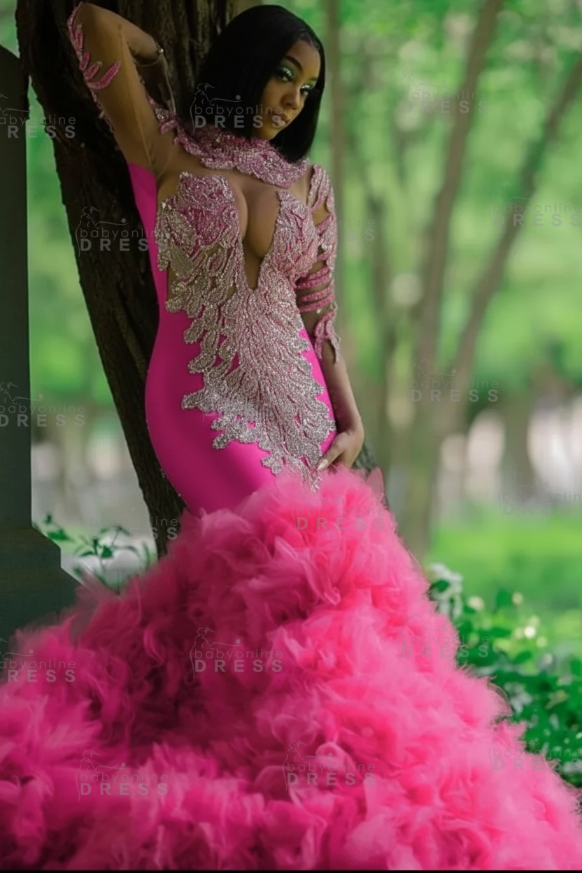 Glamorous Slim Mermaid Evening Gowns with sleeves Beadings Prom Dress