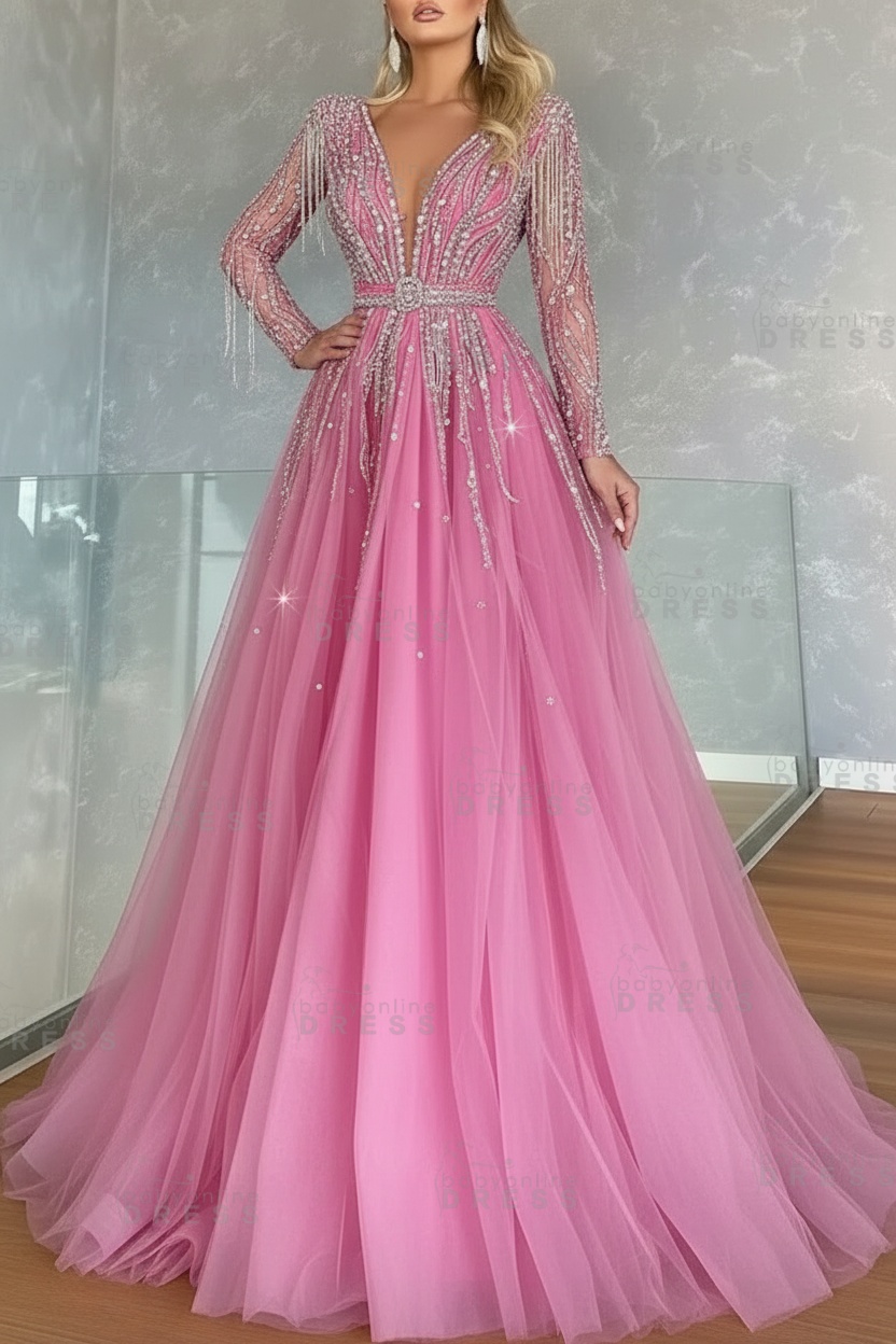 Long Sleeves V-neck Ball Gown A-line Prom Dress with Beadings