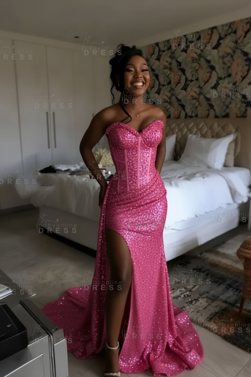 Sexy Orange Mermaid Prom Dress with Sequins High Split Strapless Long Party Dress