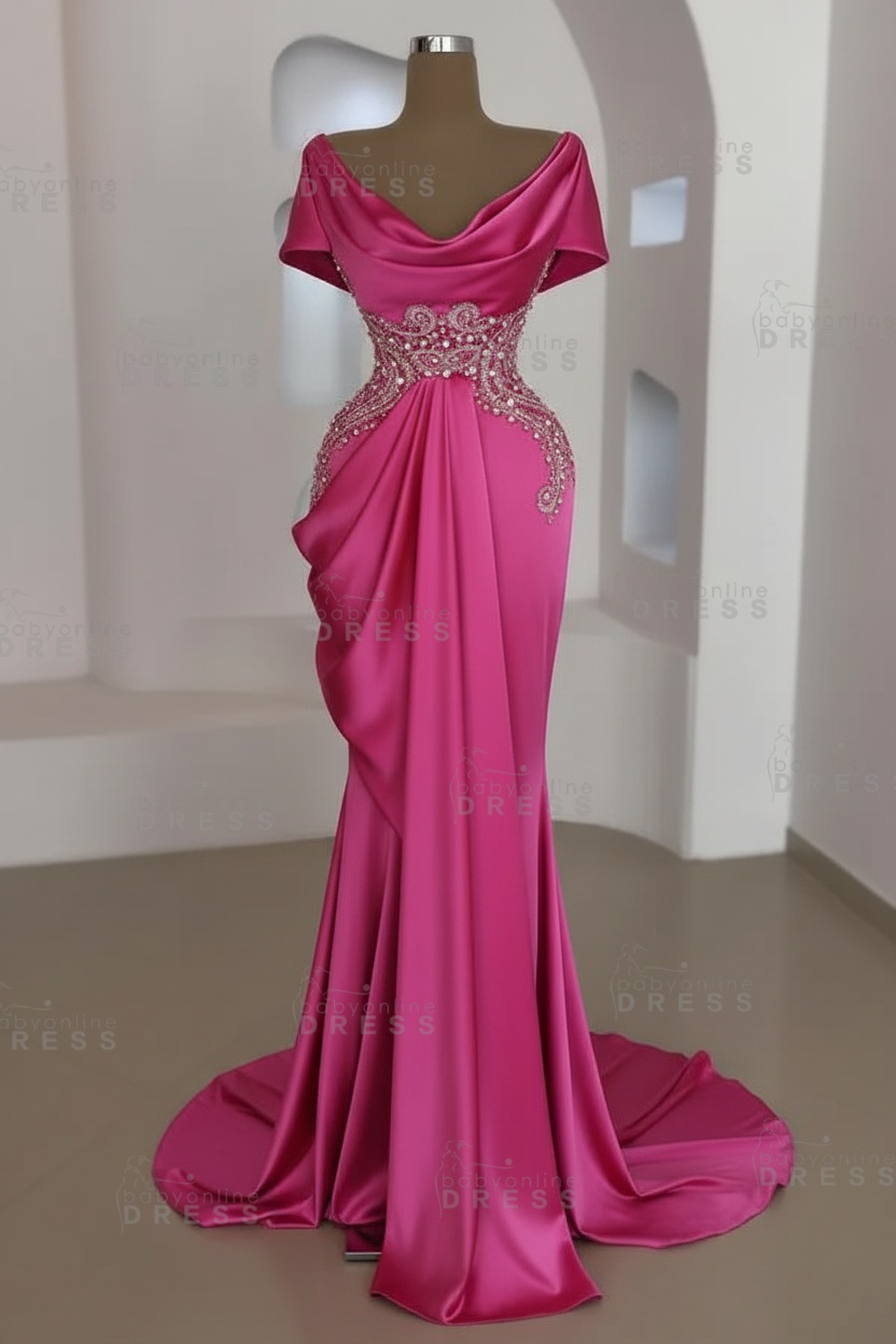 Short sleeves Mermaid Round neck Gray Prom Dresses
