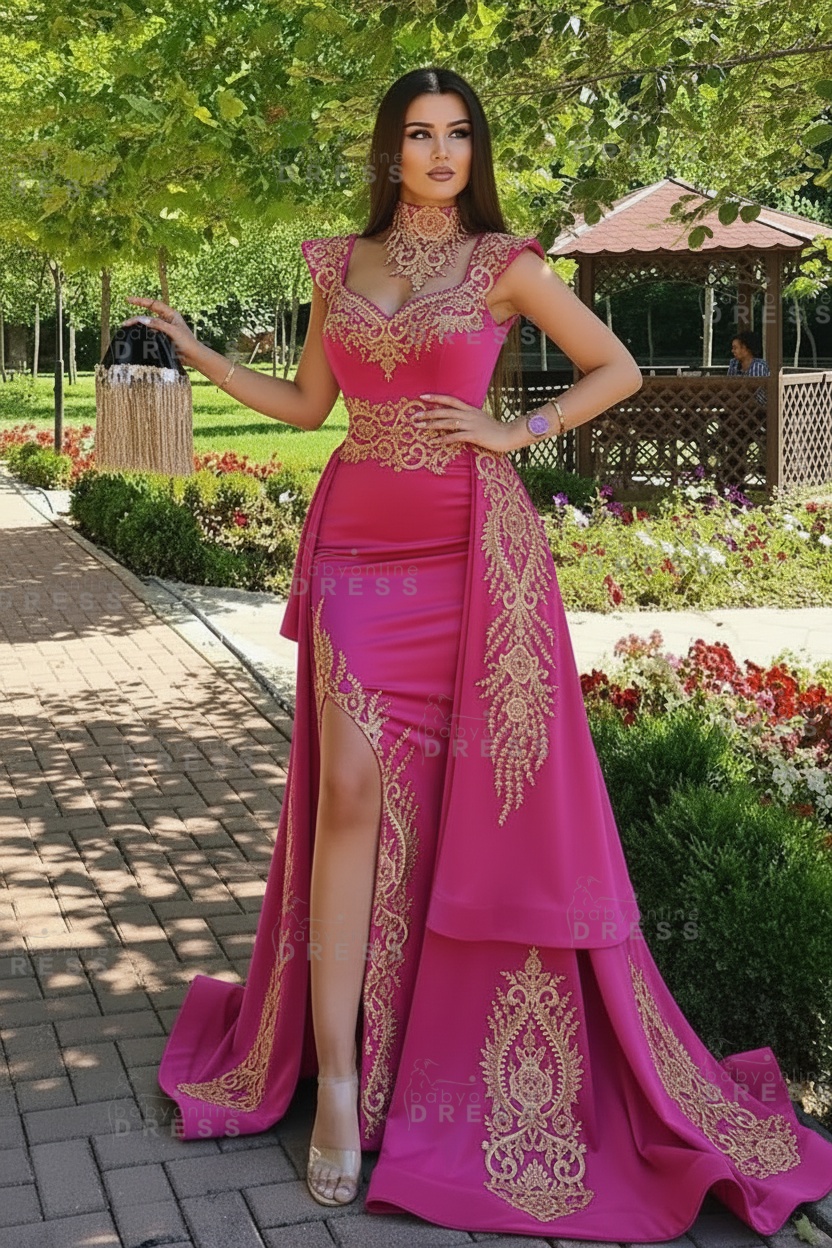 Dark Green Velvet Mermaid Evening Dress with Gold Lace appliques