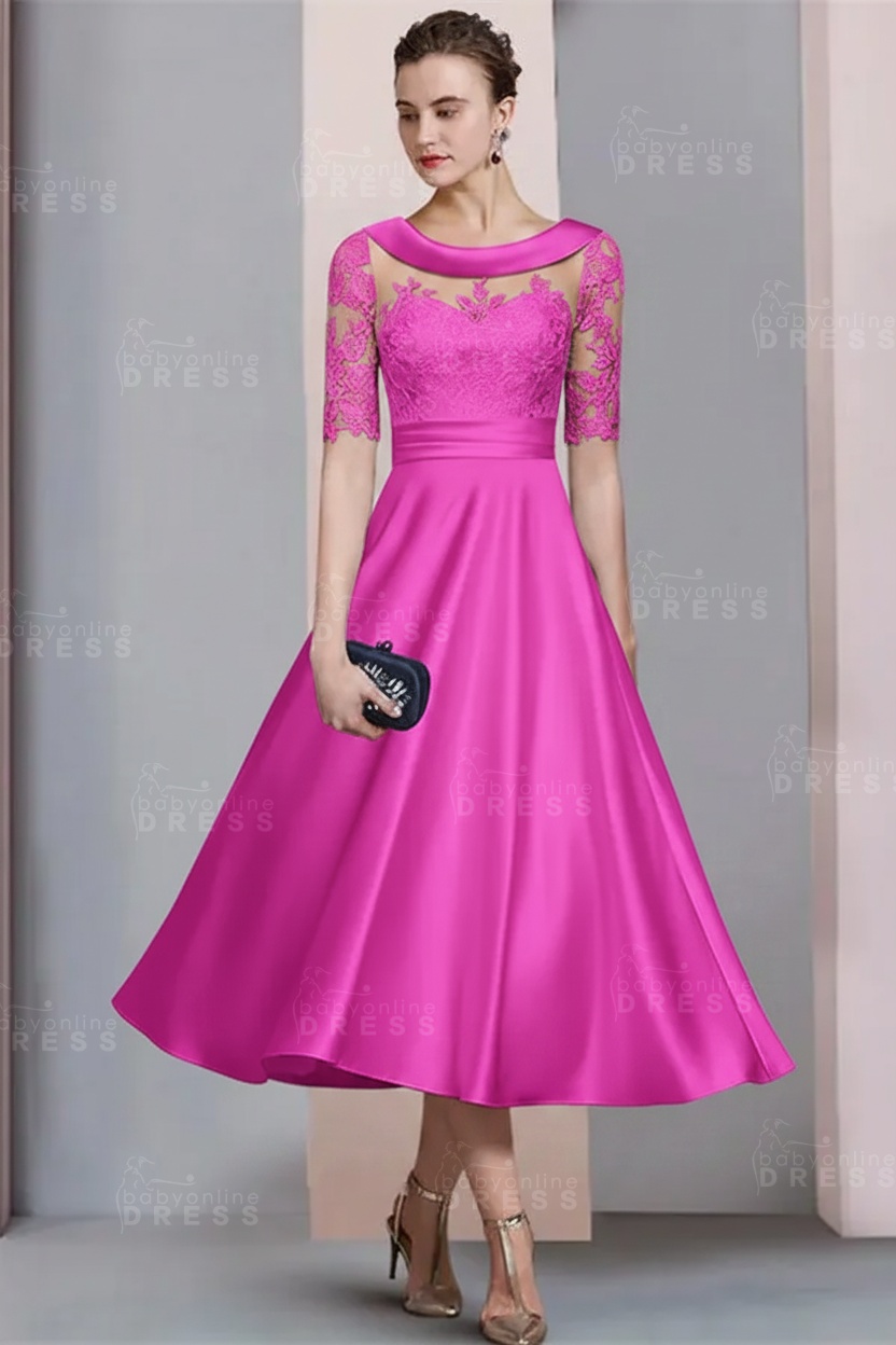 Elegant Ivory Jewel Lace Beading A-Line Tea Length Satin Wedding Guest Dress Formal Mother Dress