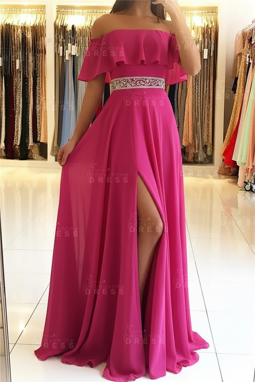 Sky Blue Off The Shoulder Evening Dresses Sexy | Chiffon Side Slit Prom Dress with Crystals Belt