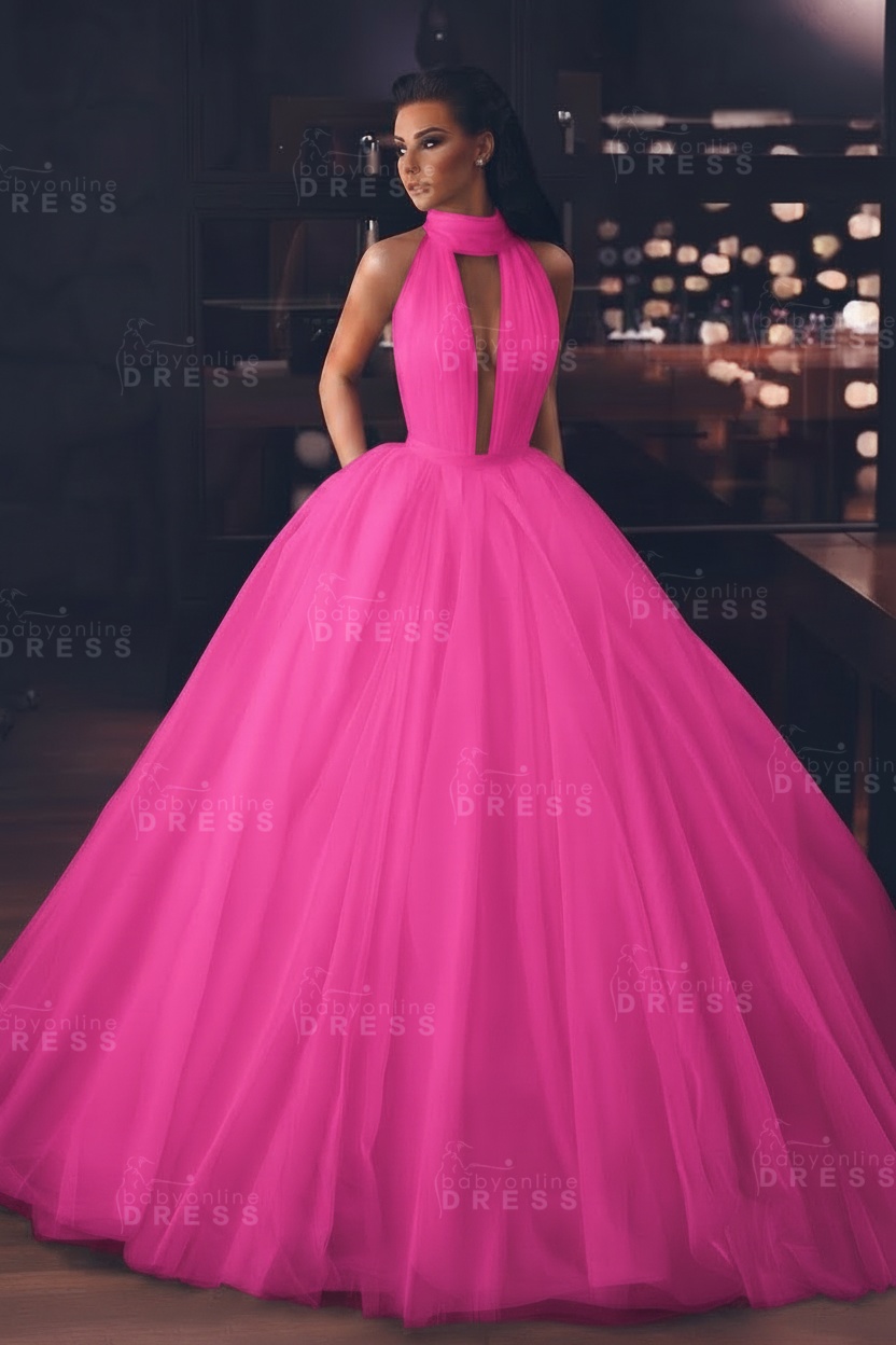 Sexy High-Neck Sleeveless Ball Gown Evening Dress with Pockets