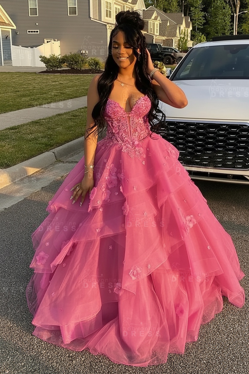 Sleeveless V-Neck Tulle Aline Prom Dress Floral Tiered Ruffles Corset Evening Dress