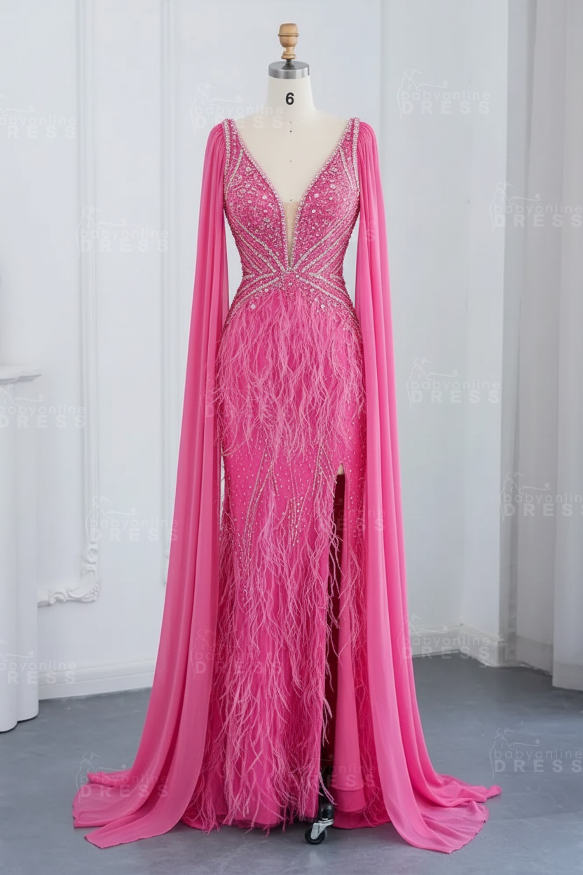 Glamorous V-Neck Fur Beadings Front Slit Mermaid Evening Gowns with Tulle with Cape Sleeves Wedding Party Dress